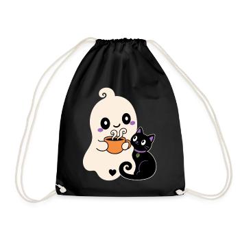 Halloween Geist mit Katze – Cozy Tea Time - Turnbeutel - Schwarz - Vorne