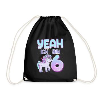 Yeah ich bin 6 Jahre Einhorn 6. Geburtstag - Turnbeutel - Schwarz - Vorne