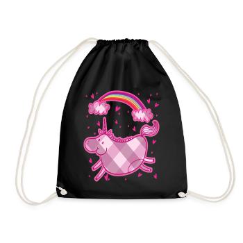 Pummeliges Einhorn Regenbogen Rauten Rosa Geschenk - Turnbeutel - Schwarz - Vorne