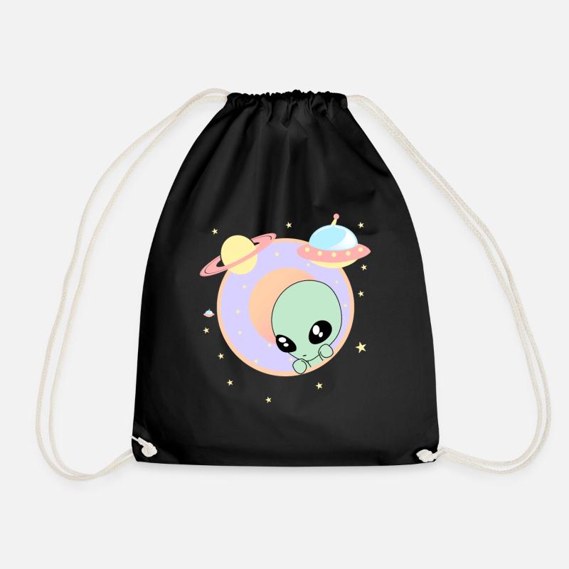Chibi Alien Kawaii Pastel Cute Green Man Space UFO - Drawstring Bag - black