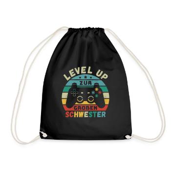 Level Up zur Großen Schwester Geburt Schwanger - Turnbeutel - Schwarz - Vorne