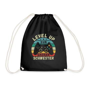 Level Up zur Großen Schwester Geburt Schwanger - Turnbeutel - Schwarz - Vorne