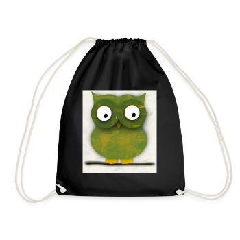Green owl illustration, carved in wood - Drawstring Bag - black - Front