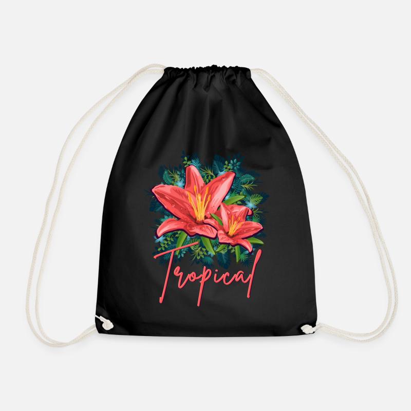Jungle Leafs Tropical Design- Hibiskus + Dschungel - Turnbeutel - Schwarz