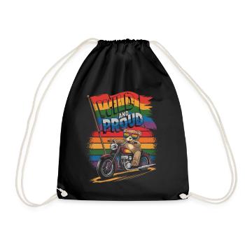 Teddy Bear Rides Motorcycle LGBTQ Rainbow Banner - Drawstring Bag - black - Front