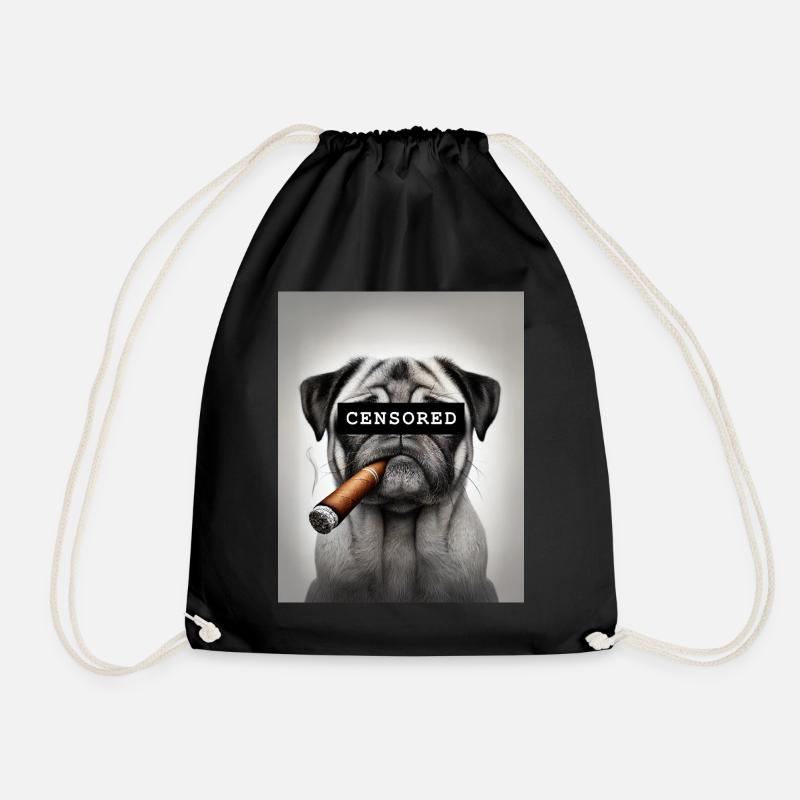 Censored Pug with Cigar - Drawstring Bag - black