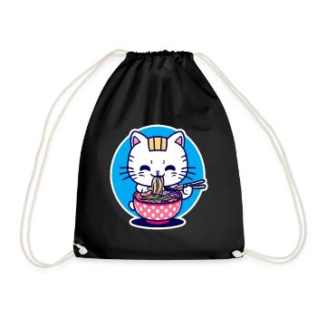 Cute Cat Eats Ramen - Anime - Manga - Drawstring Bag - black - Front