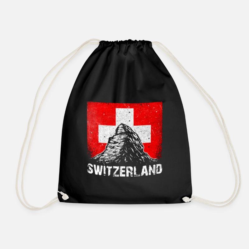 Switzerland flag and alps - Drawstring Bag - black