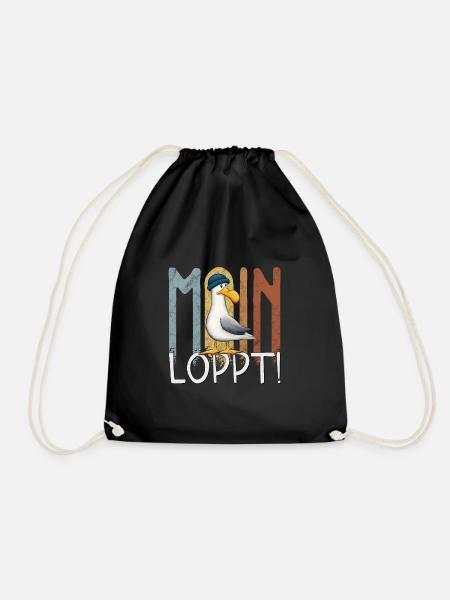 Moin Löppt Lässige Nordsee Ostsee Möwe mit Mütze - Turnbeutel - Schwarz