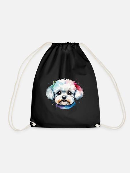 Colorful Cute Bichon Frise Dog in Watercolors - Drawstring Bag - black
