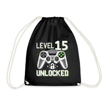 15th birthday level 15 gamer gift - Drawstring Bag - black - Front