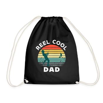 Reel cool dad funny fathers day retro fishing - Drawstring Bag - black - Front