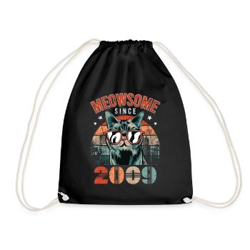 Meowsome 2009 Year of birth 2009 Cat birthday - Drawstring Bag - black - Front