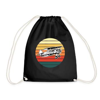 Biplane Airplane Pilot Retro Vintage Gift - Drawstring Bag - black - Front