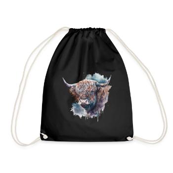 Highland Cattle Watercolor Portrait - Drawstring Bag - black - Front