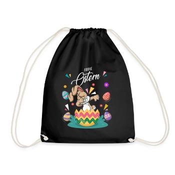 Frohe Ostern - Osterhase Dab Tanzbunte Eier - Turnbeutel - Schwarz - Vorne