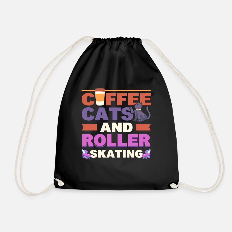 Coffee Cats And Roller Skating Roller Skater - Drawstring Bag - black