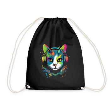 Cat wearing headphones colorful illustration - Drawstring Bag - black - Front