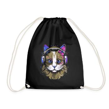 Cat wearing headphones colorful illustration - Drawstring Bag - black - Front