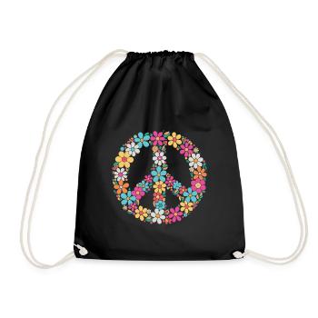 Floral Peace Sign 70s Flower Power Boho - Drawstring Bag - black - Front