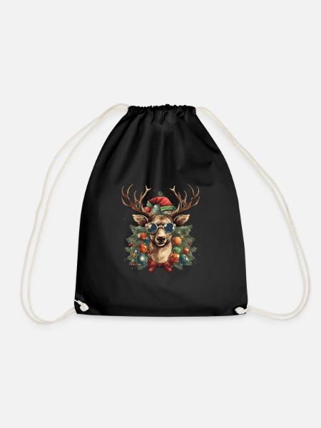 Reindeer with Christmas baubles and hat - Drawstring Bag - black