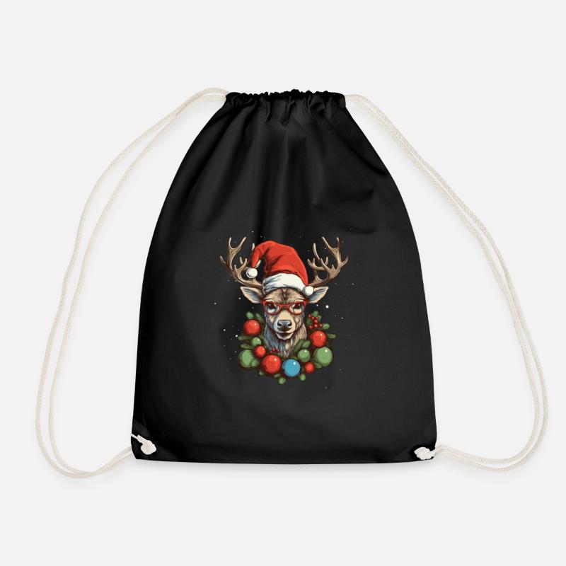 Rentier mit Weihnachtskugeln und Mütze - Turnbeutel - Schwarz