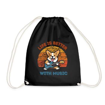 Life is better with music, corgi guitar player - Drawstring Bag - black - Front