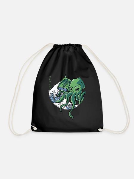 The Great Wave Before Kanagawa Cthulhu Gift - Drawstring Bag - black