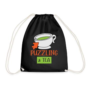 Puzzling and Tea Funny Hobby Jigsaw Puzzle - Drawstring Bag - black - Front