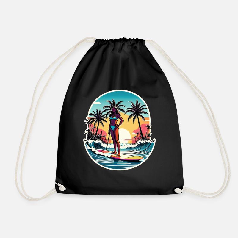 Surfing Beach Palm Tree Sunshine Holidays - Drawstring Bag - black