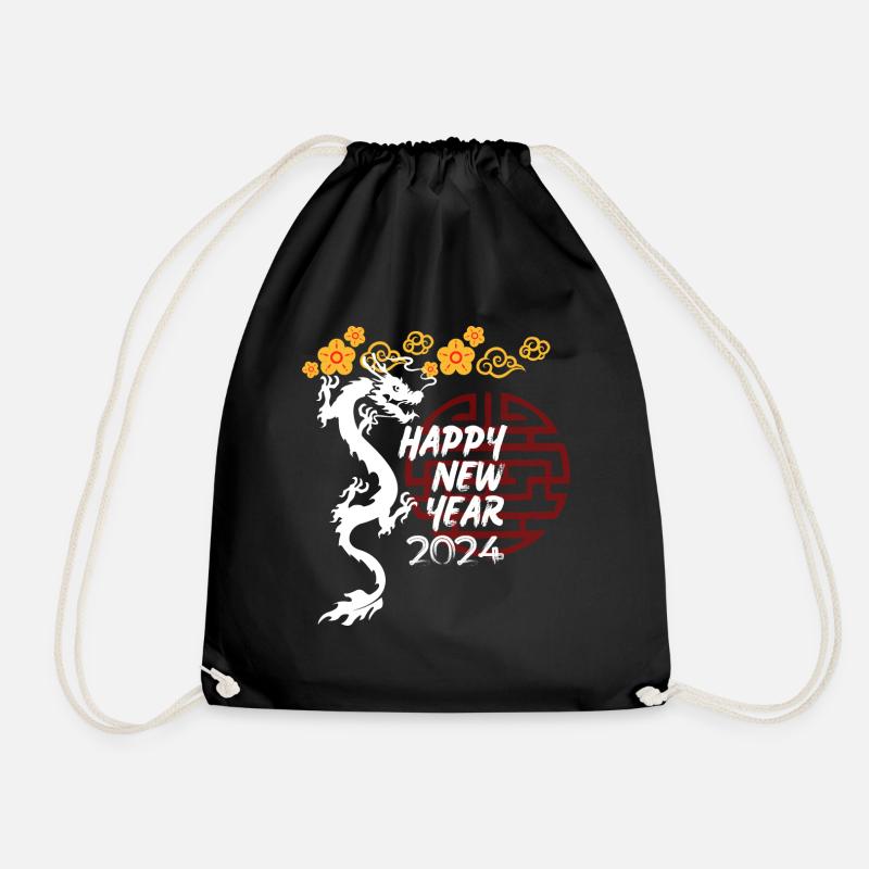 Chinese Lunar new year Red Good luck Dragon 2024 - Drawstring Bag - black