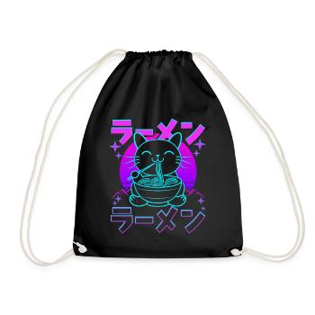 Retro Kawaii Cat Eating Ramen - Drawstring Bag - black - Front
