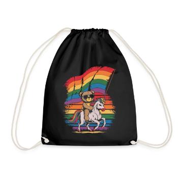 Teddy Bear Rides Unicorn LGBTQ Rainbow Flag - Drawstring Bag - black - Front