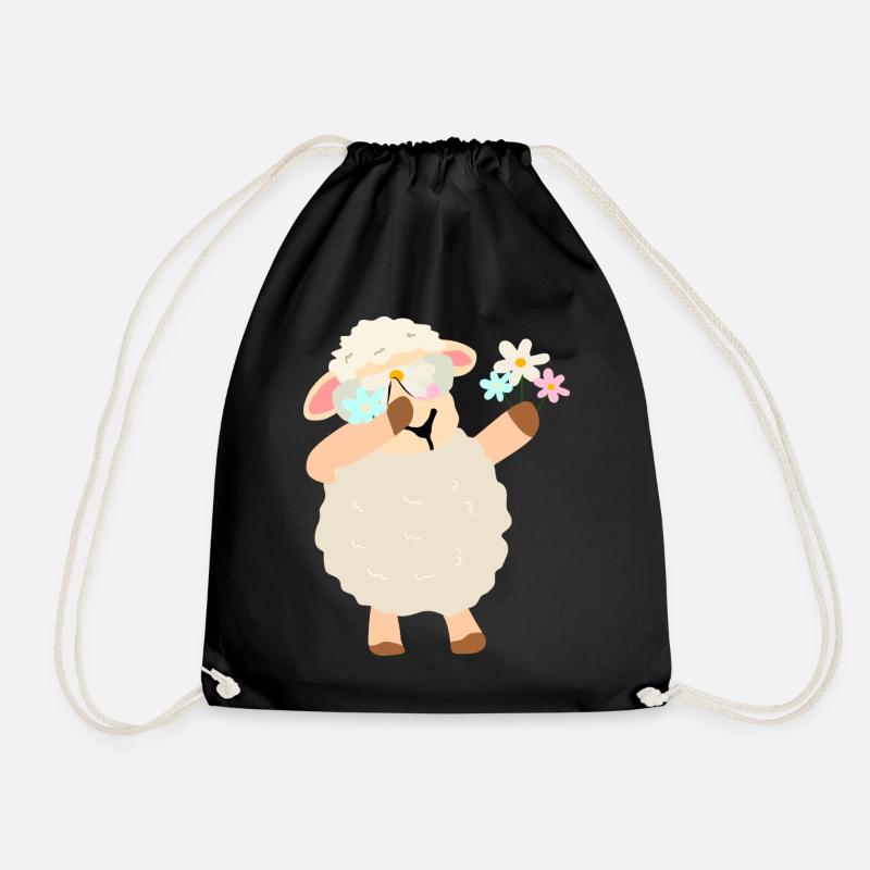 Flower Wreath Sheep Illustration - Drawstring Bag - black