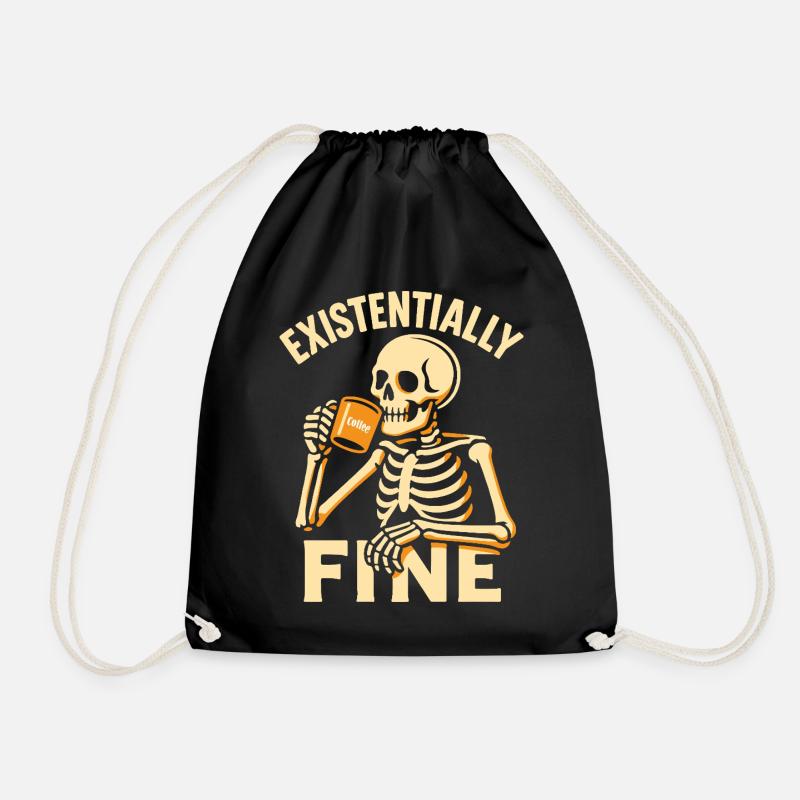 Existentially Fine Funny Coffee Skeleton Shirt - Drawstring Bag - black