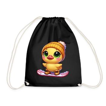 Cute Duckling Snowboarder Winter Sports Cartoon - Drawstring Bag - black - Front