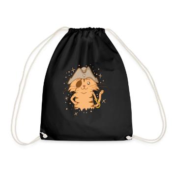Pirate Cat with Pirate Hat Eye Patch Hook - Drawstring Bag - black - Front