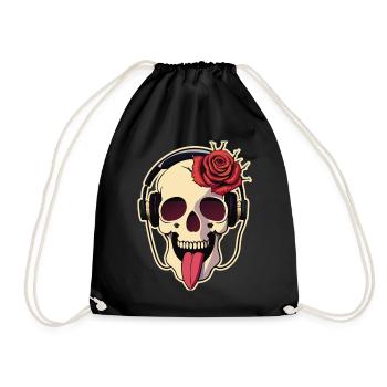 01 Lustiger Totenkopf lacht Zunge Kopfhörer Rose - Turnbeutel - Schwarz - Vorne
