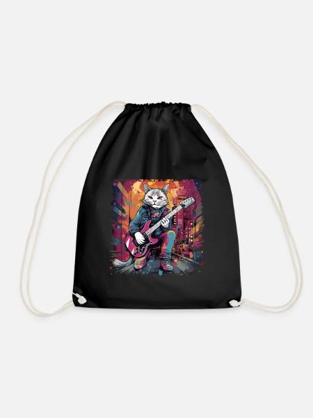 Cat Musician E Guitar Smell N Roll Music Animal - Drawstring Bag - black