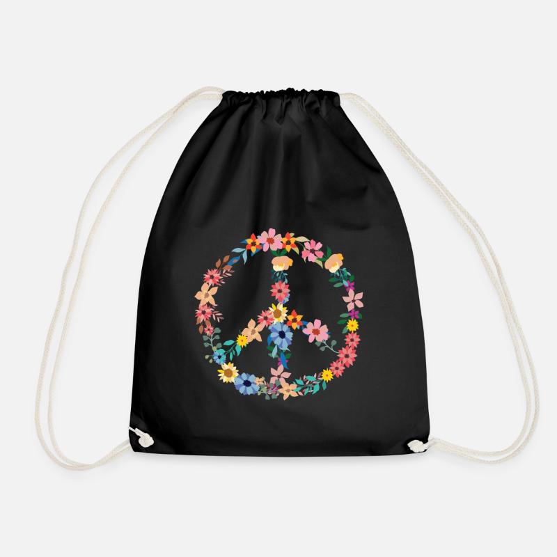 Hippie Symbol buntes Friedenssymbol mit Blumen - Turnbeutel - Schwarz