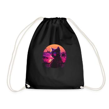Synthwave cat sunset - Drawstring Bag - black - Front