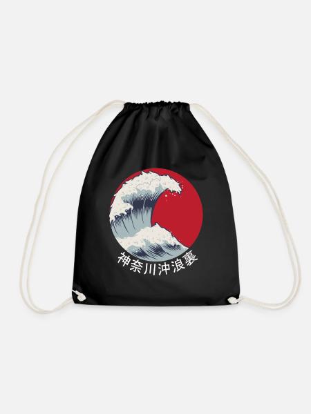Japan Kanagawa wave kanji Japanese wave gift - Drawstring Bag - black