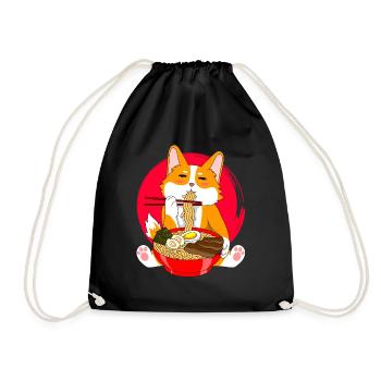 Kawaii Anime Japanese Noodles Corgi Dog - Drawstring Bag - black - Front