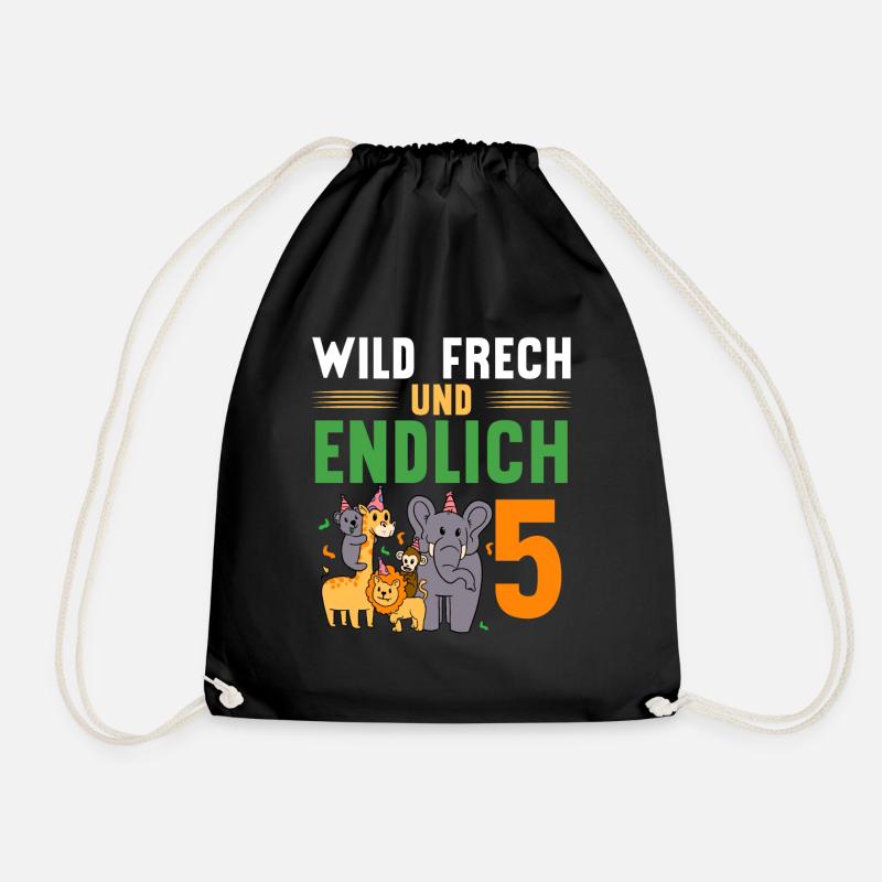 Wild Frech und Endlich 5 Jahre, 5. Geburtstag - Turnbeutel - Schwarz