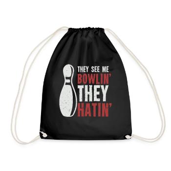 Bowling, Bowler Bowling Player Pin - Drawstring Bag - black - Front