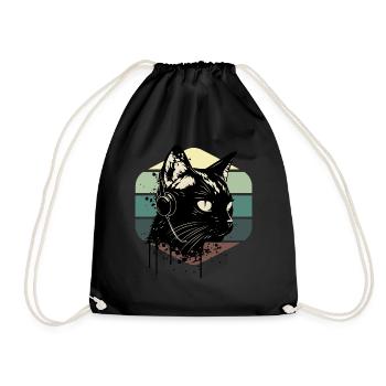 Cat Wearing Headphones | cat wearing earphones - Drawstring Bag - black - Front