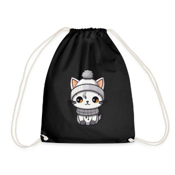 Cat Winter Animal Cute Comic - Drawstring Bag - black - Front