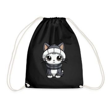 Cat Winter Animal Cute Comic - Drawstring Bag - black - Front