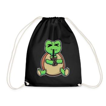 Bubble Tea Drinking Sea Turtle Anime Kawaii - Drawstring Bag - black - Front
