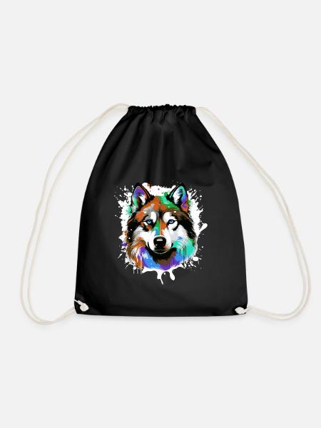 Husky Dog Head Portrait Colorful - Drawstring Bag - black